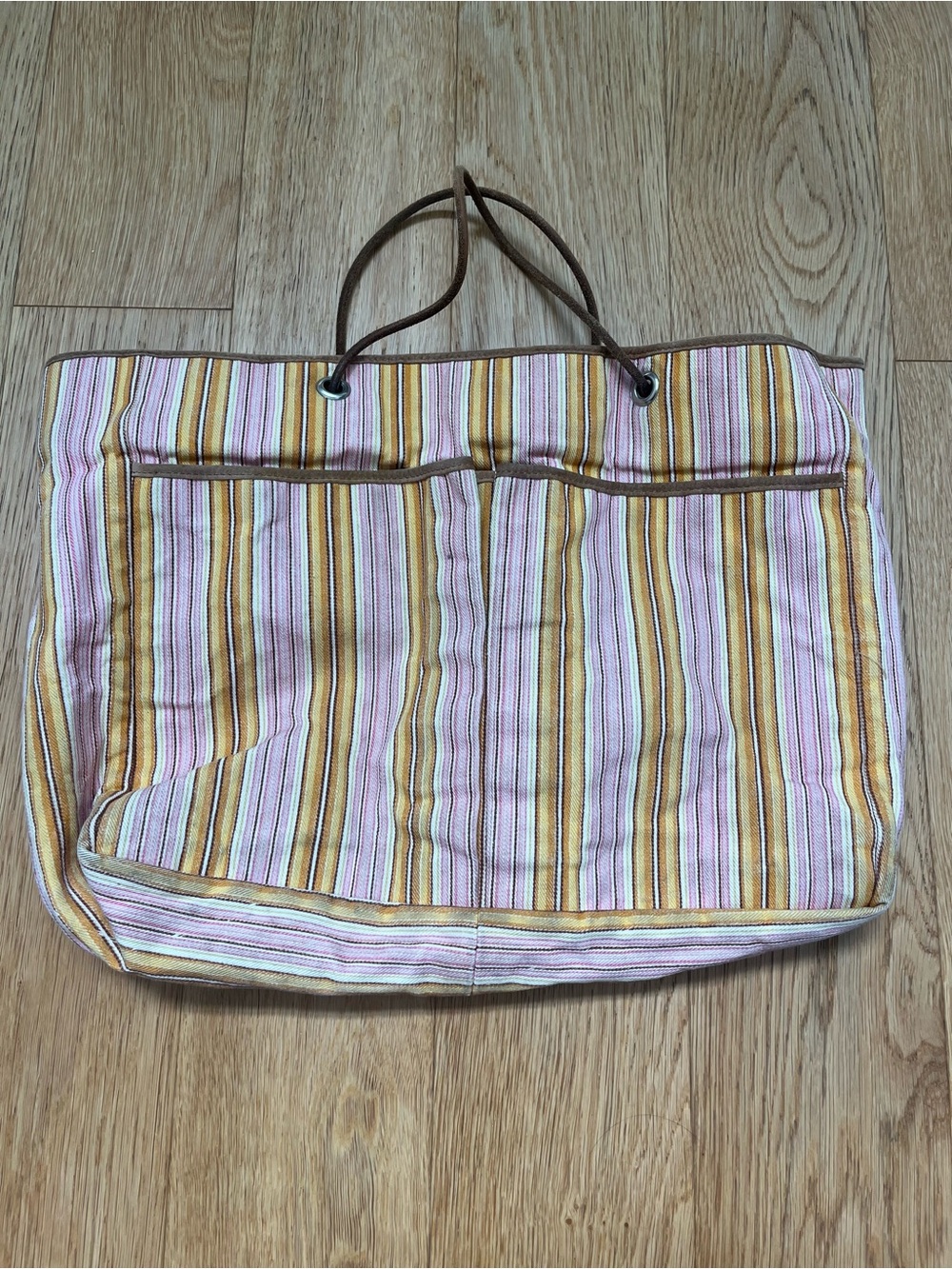 Vintage Delfina Cotton Pink & Yellow Striped Summer Beach Tote